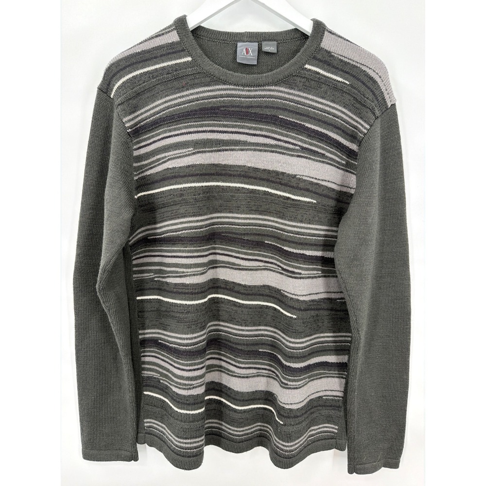 Vtg Armani Exchange Mens Wool Blend Striped Crewneck Sweater Olive Grey Large